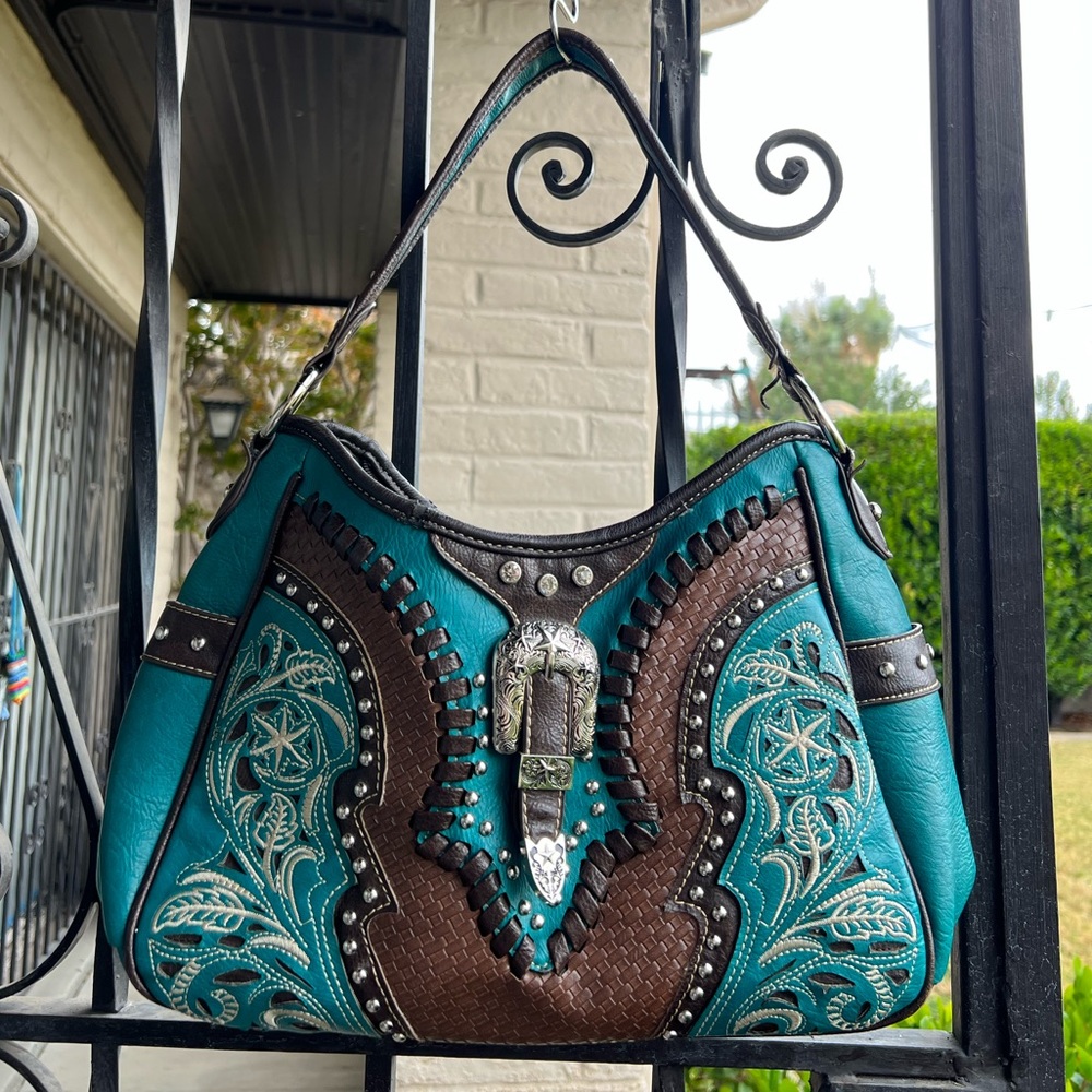Montana West Teal and Brown Western Buckle Bag